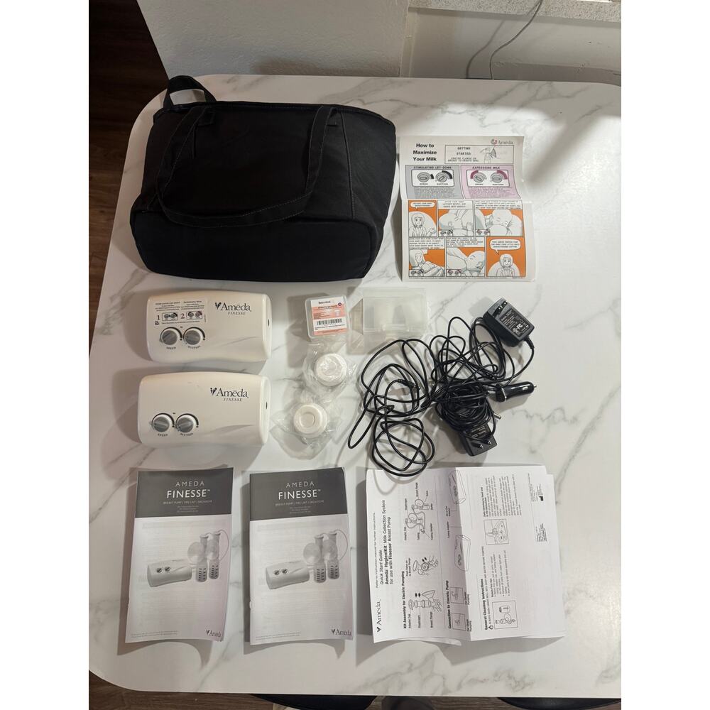 Ameda Finesse Set of 2 Breast Pumps with Travel Bag, Car Charger, New Tips